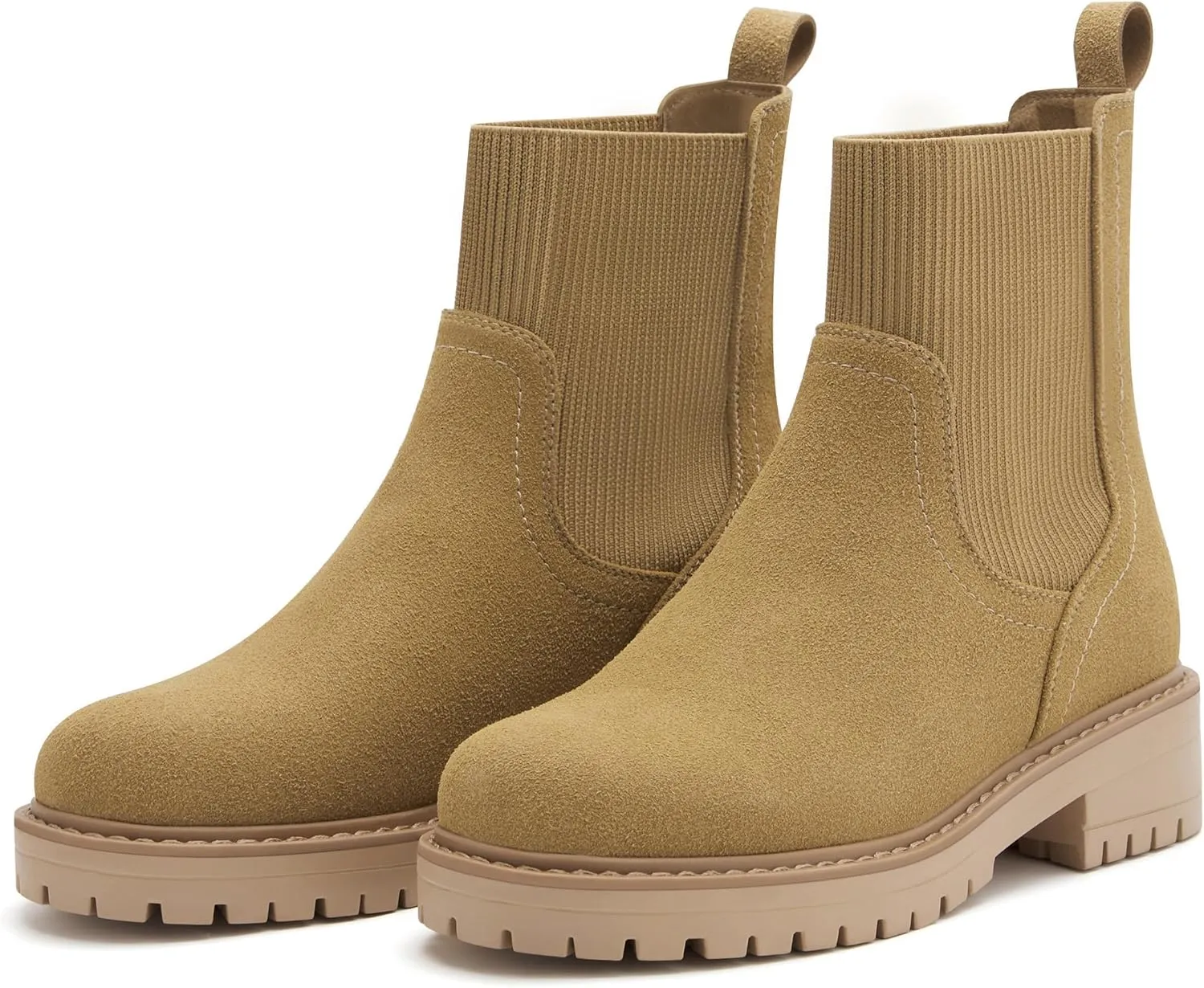 vodvob Women's Elastic Chelsea Boots Chunky Low Heel Platform Slip On Lug Sole Ankle Booties