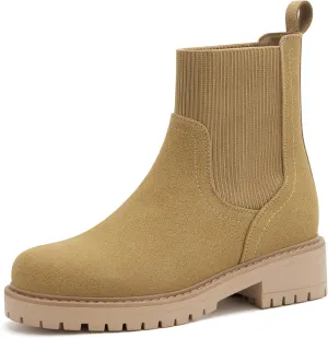 vodvob Women's Elastic Chelsea Boots Chunky Low Heel Platform Slip On Lug Sole Ankle Booties