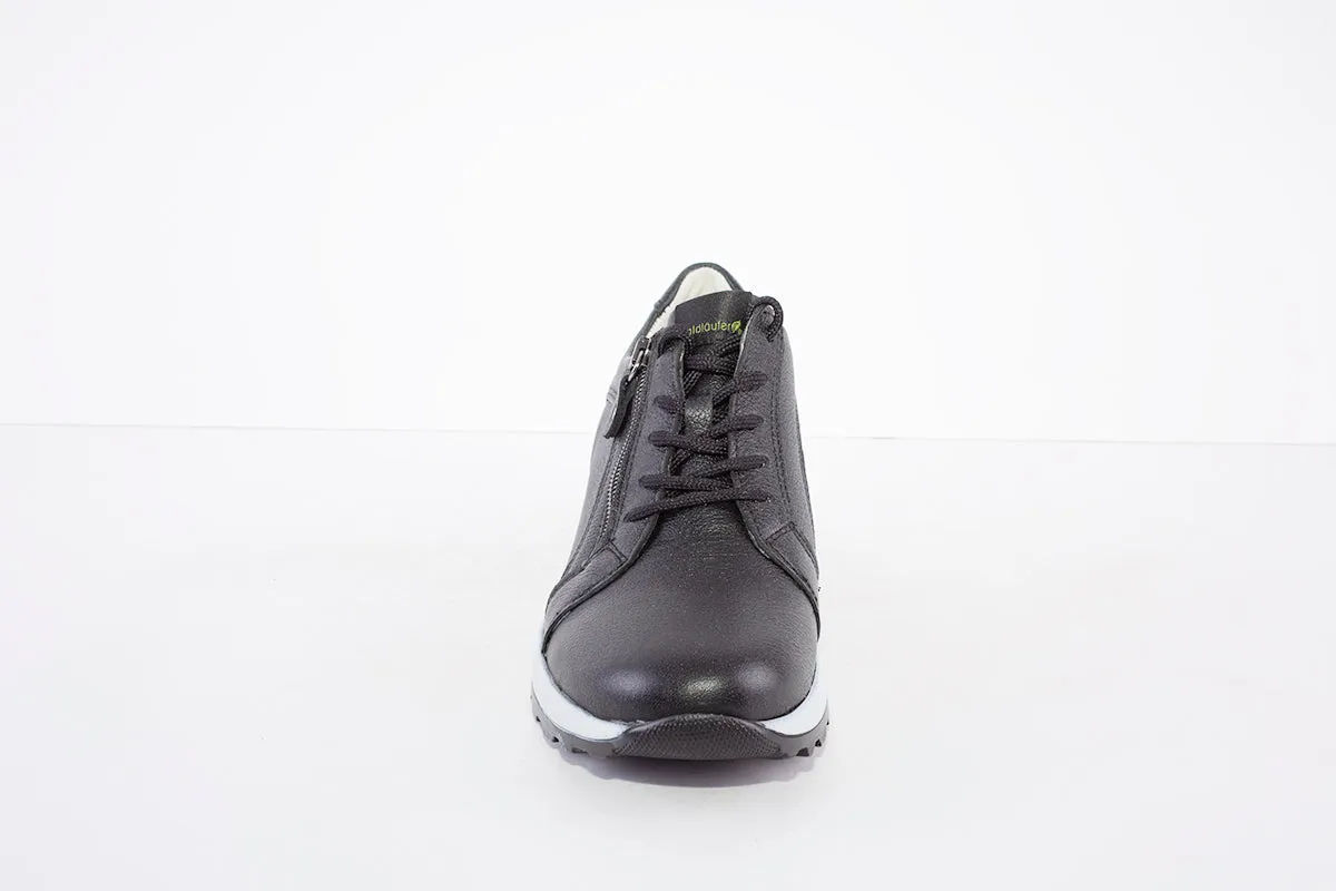 WALDLAUFER - 364023 HIROKO- LACED/ZIP LOW WEDGE SHO - BLACK LEATHER