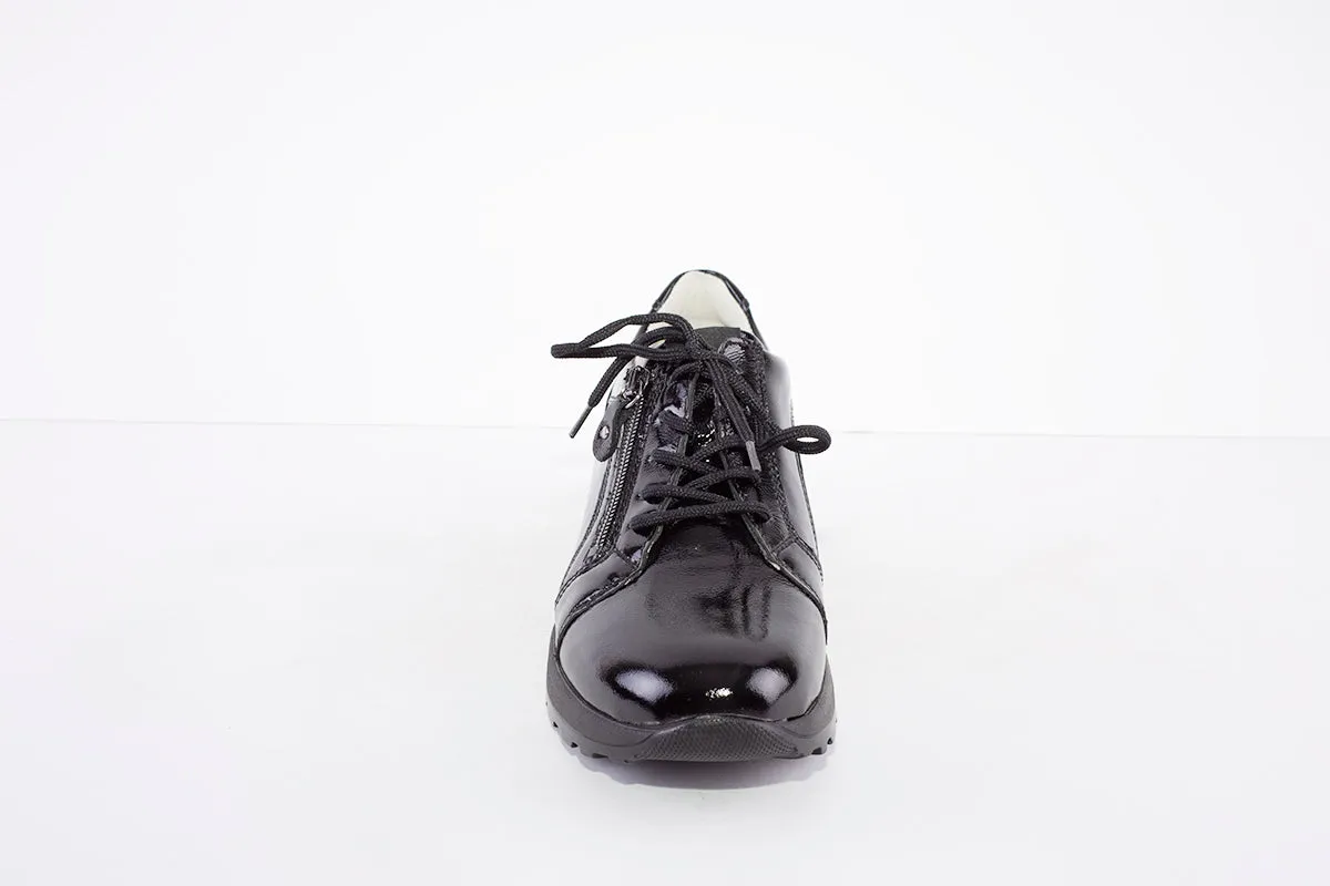 WALDLAUFER - 364023 HIROKO- LACED/ZIP LOW WEDGE SHOE - BLACK PATENT