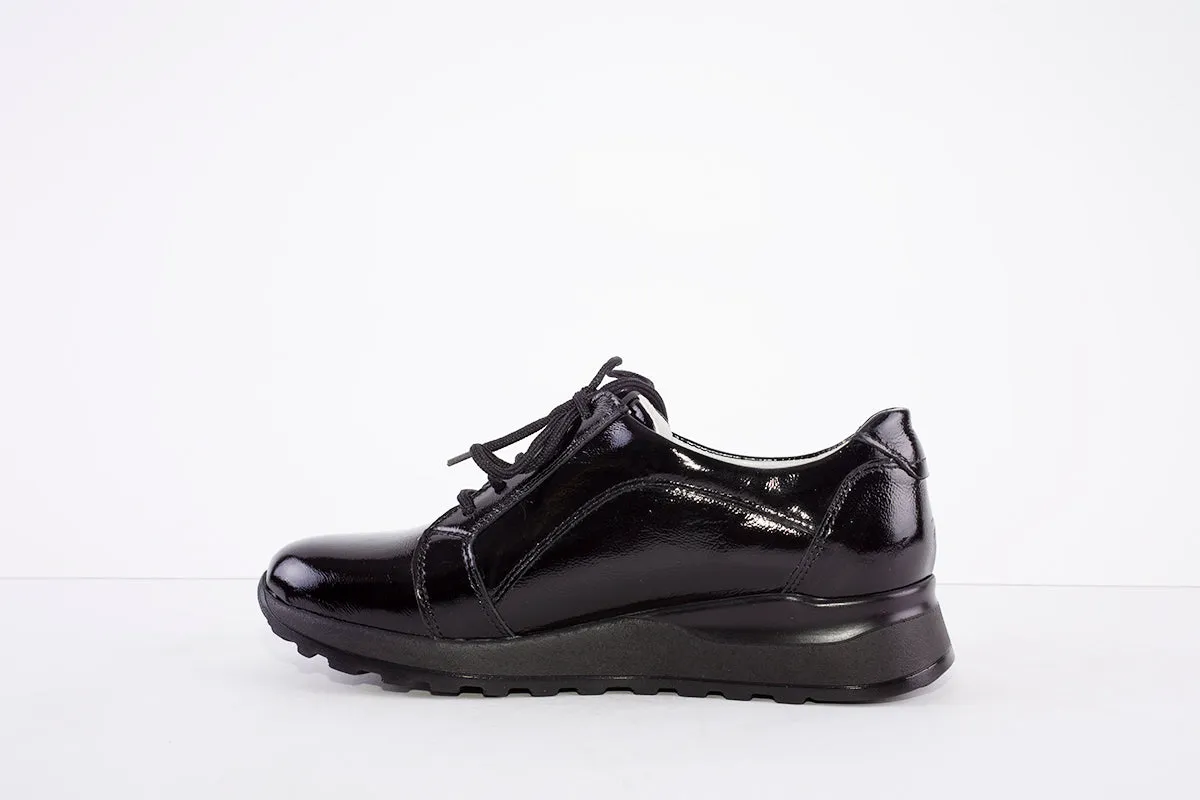 WALDLAUFER - 364023 HIROKO- LACED/ZIP LOW WEDGE SHOE - BLACK PATENT