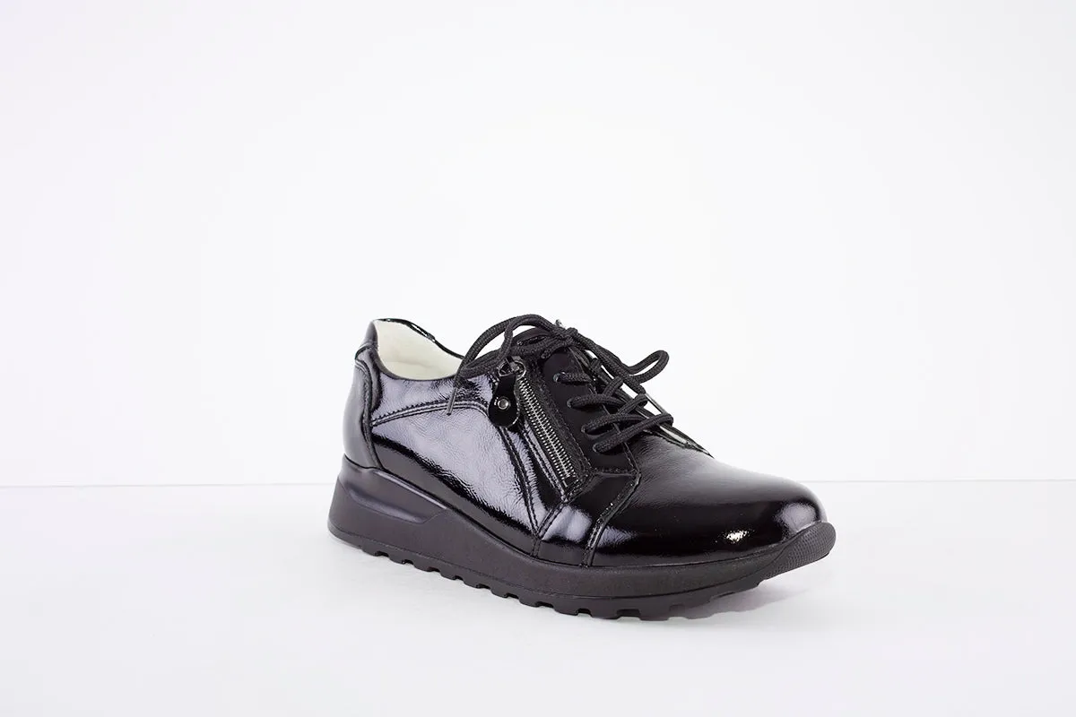 WALDLAUFER - 364023 HIROKO- LACED/ZIP LOW WEDGE SHOE - BLACK PATENT