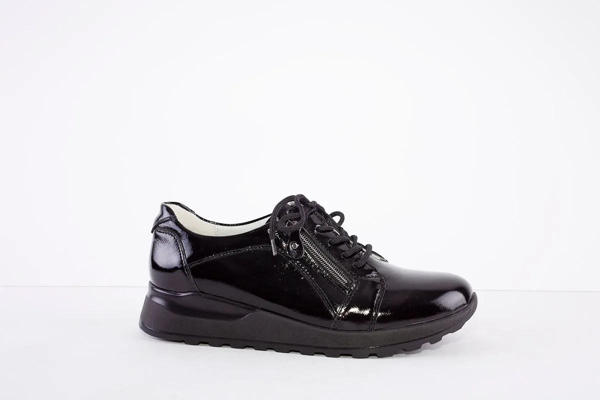 WALDLAUFER - 364023 HIROKO- LACED/ZIP LOW WEDGE SHOE - BLACK PATENT