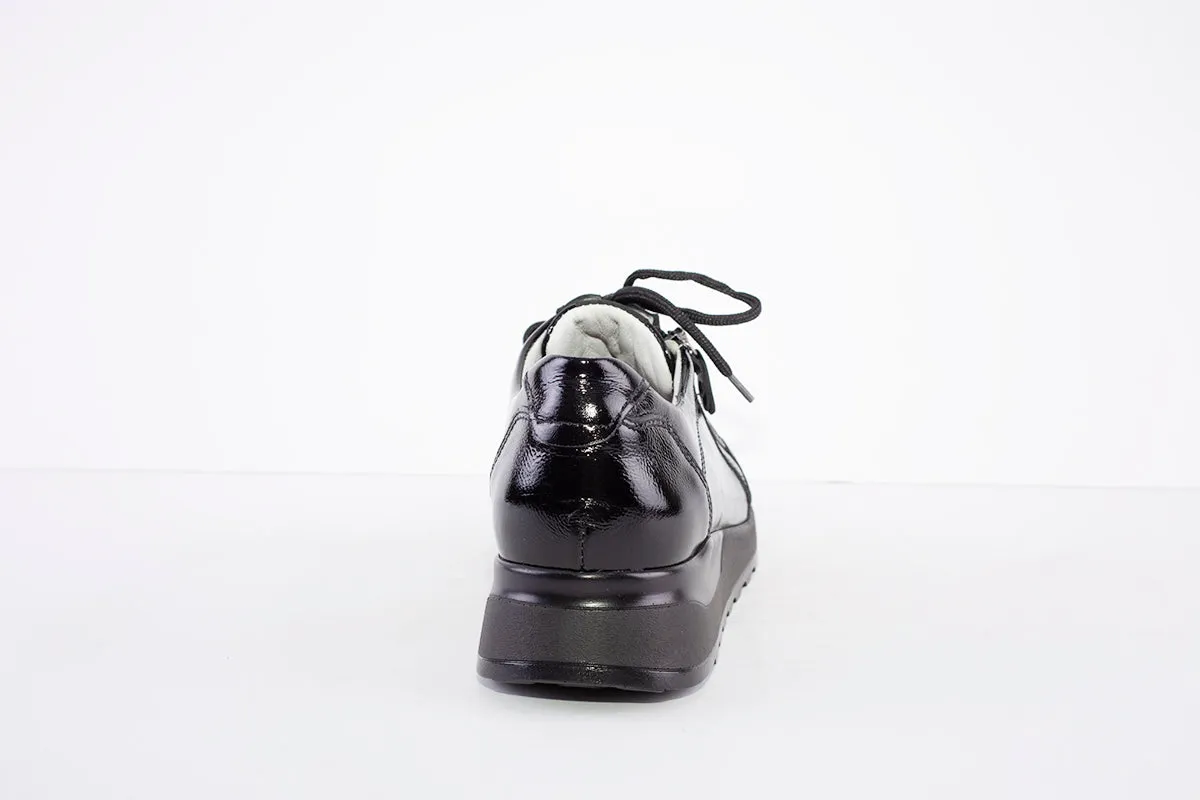 WALDLAUFER - 364023 HIROKO- LACED/ZIP LOW WEDGE SHOE - BLACK PATENT