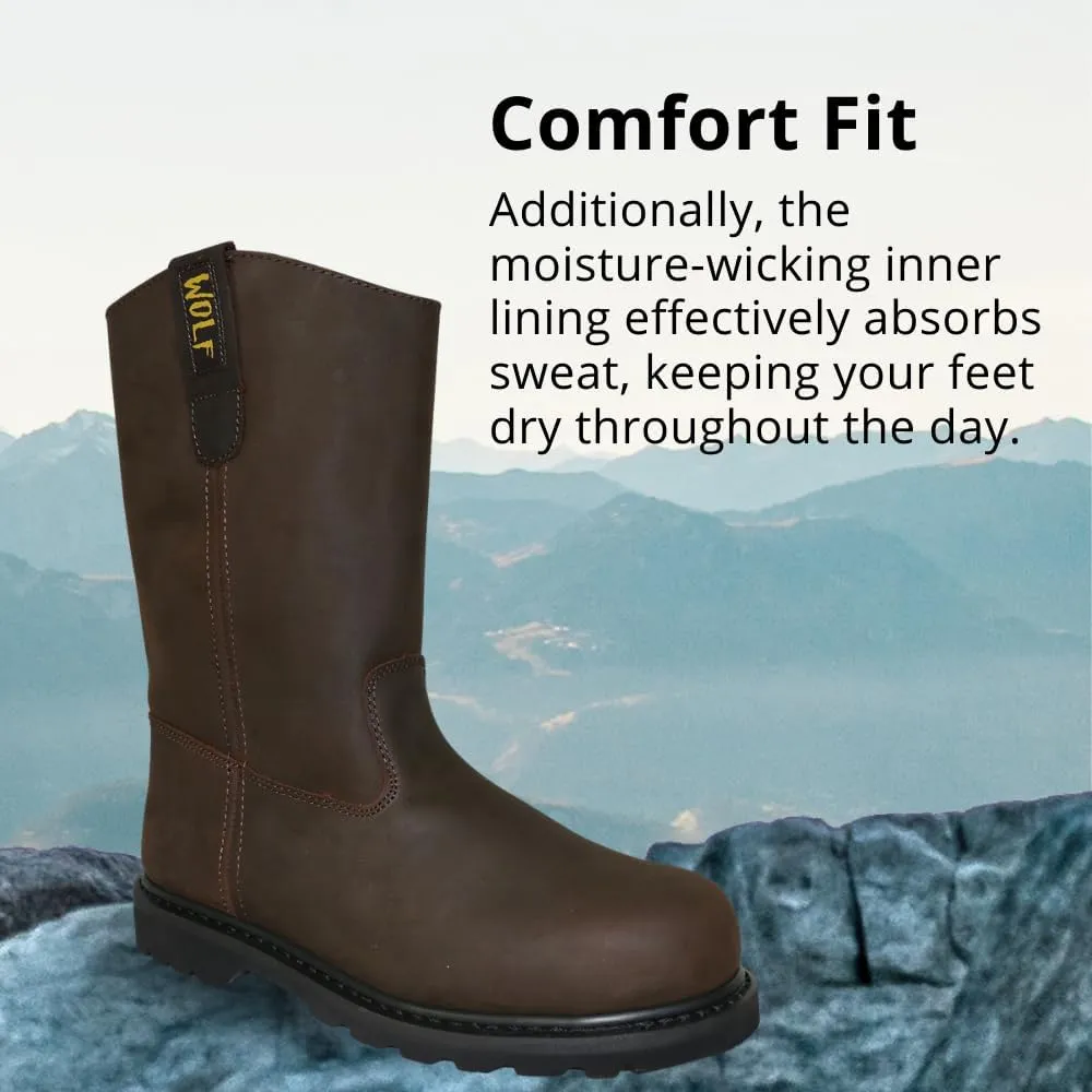 WOLF Work Boot | 100% Genuine Upper Leather | Oil, Heat, Chemical Resistant | Electrical Hazards | Non-Slip Rubber Sole | Dual Pullers | Construction | Industrial PPE