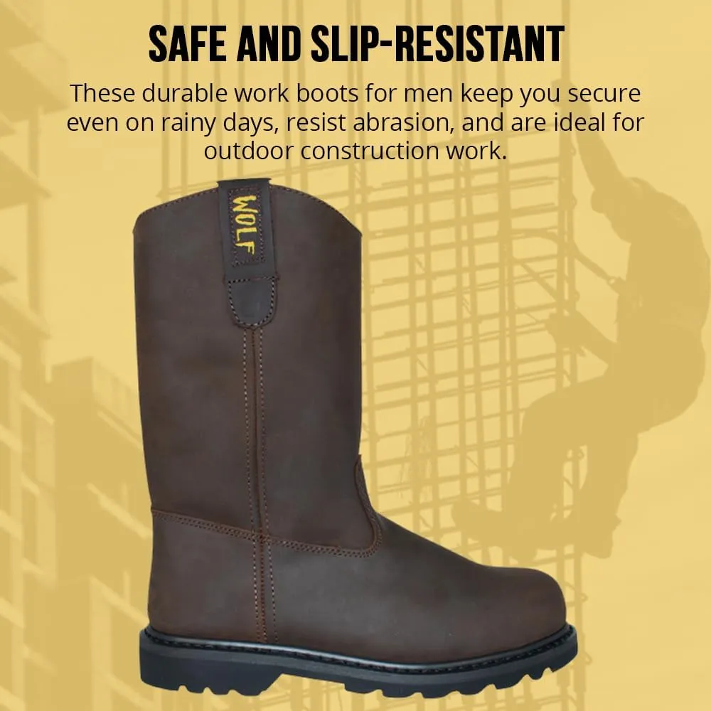 WOLF Work Boot | 100% Genuine Upper Leather | Oil, Heat, Chemical Resistant | Electrical Hazards | Non-Slip Rubber Sole | Dual Pullers | Construction | Industrial PPE