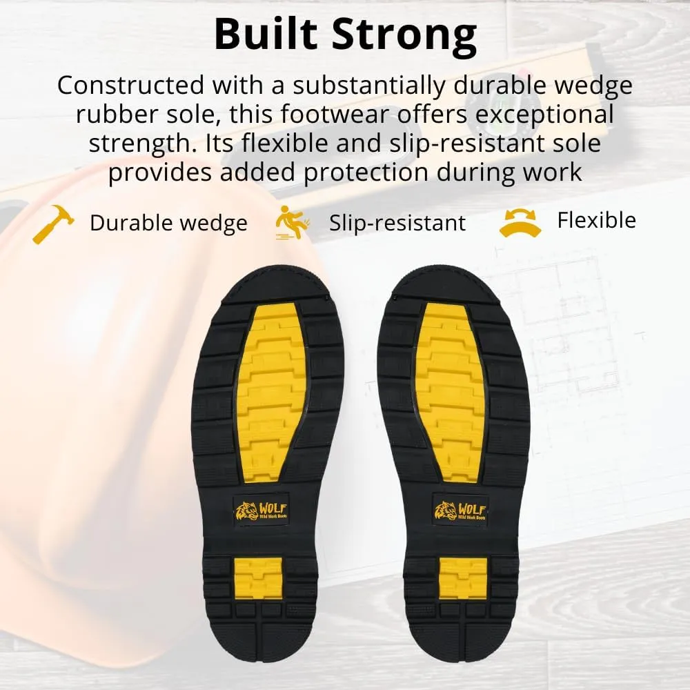 WOLF Work Boot | 100% Genuine Upper Leather | Oil, Heat, Chemical Resistant | Electrical Hazards | Non-Slip Rubber Sole | Dual Pullers | Construction | Industrial PPE