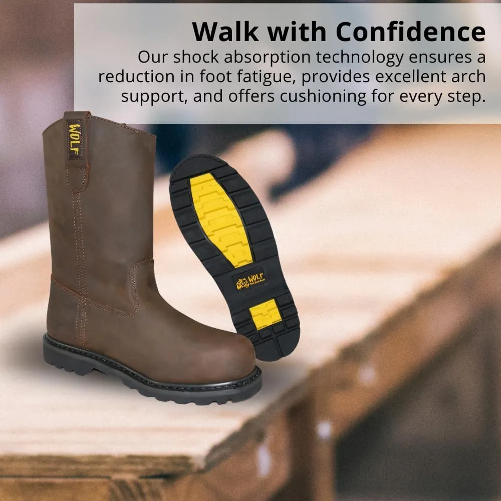 WOLF Work Boot | 100% Genuine Upper Leather | Oil, Heat, Chemical Resistant | Electrical Hazards | Non-Slip Rubber Sole | Dual Pullers | Construction | Industrial PPE