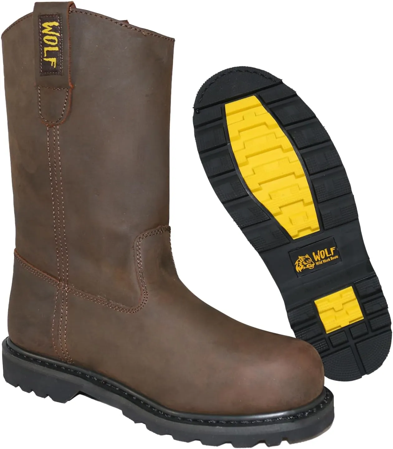 WOLF Work Boot | 100% Genuine Upper Leather | Oil, Heat, Chemical Resistant | Electrical Hazards | Non-Slip Rubber Sole | Dual Pullers | Construction | Industrial PPE