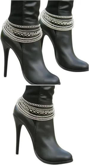 Women Western Fashion Jewelry 2 Boot Chain Bracelets Silver Metal Shoe Multi Strands Bling PAIR