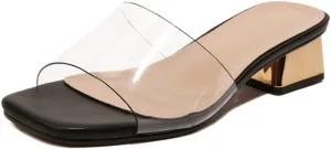 Women's Block Low Heel Clear Mule Sandals Square Toe Transparent Slide Dress Sandal for Office Work