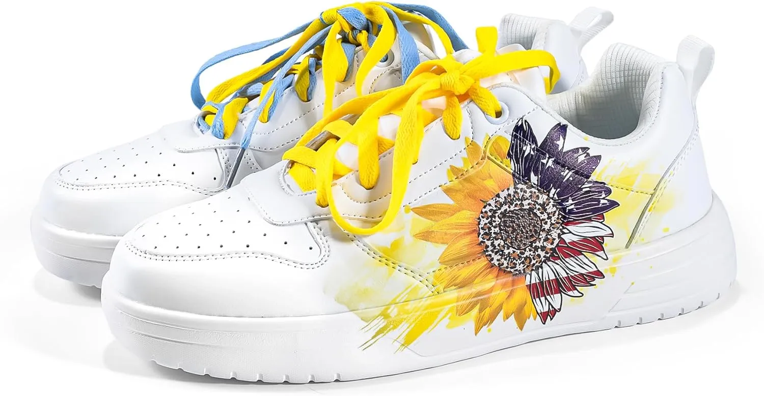 Women's Floral Walking Sneakers - Comfortable Lace-Up White Tennis Shoes with Sunflowers Prints