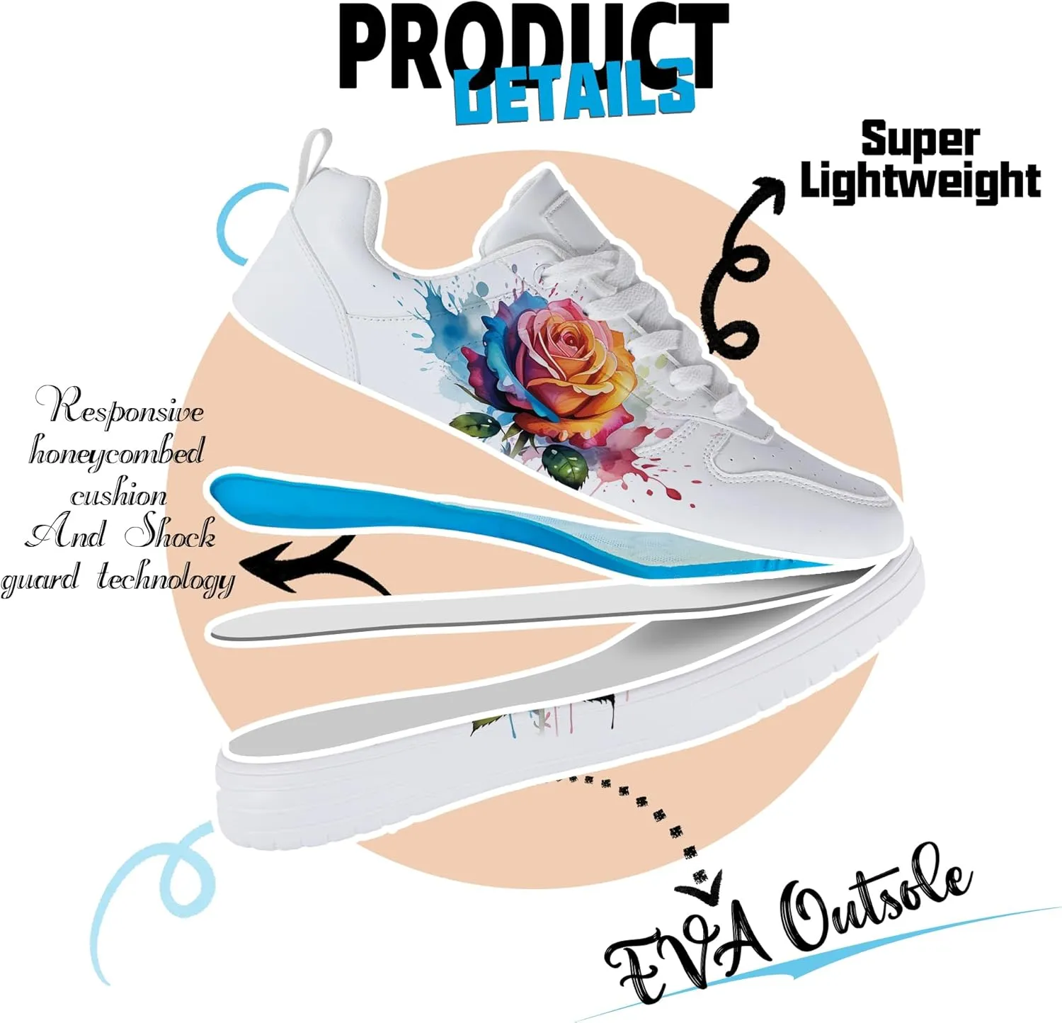 Women's Floral Walking Sneakers - Comfortable Lace-Up White Tennis Shoes with Sunflowers Prints