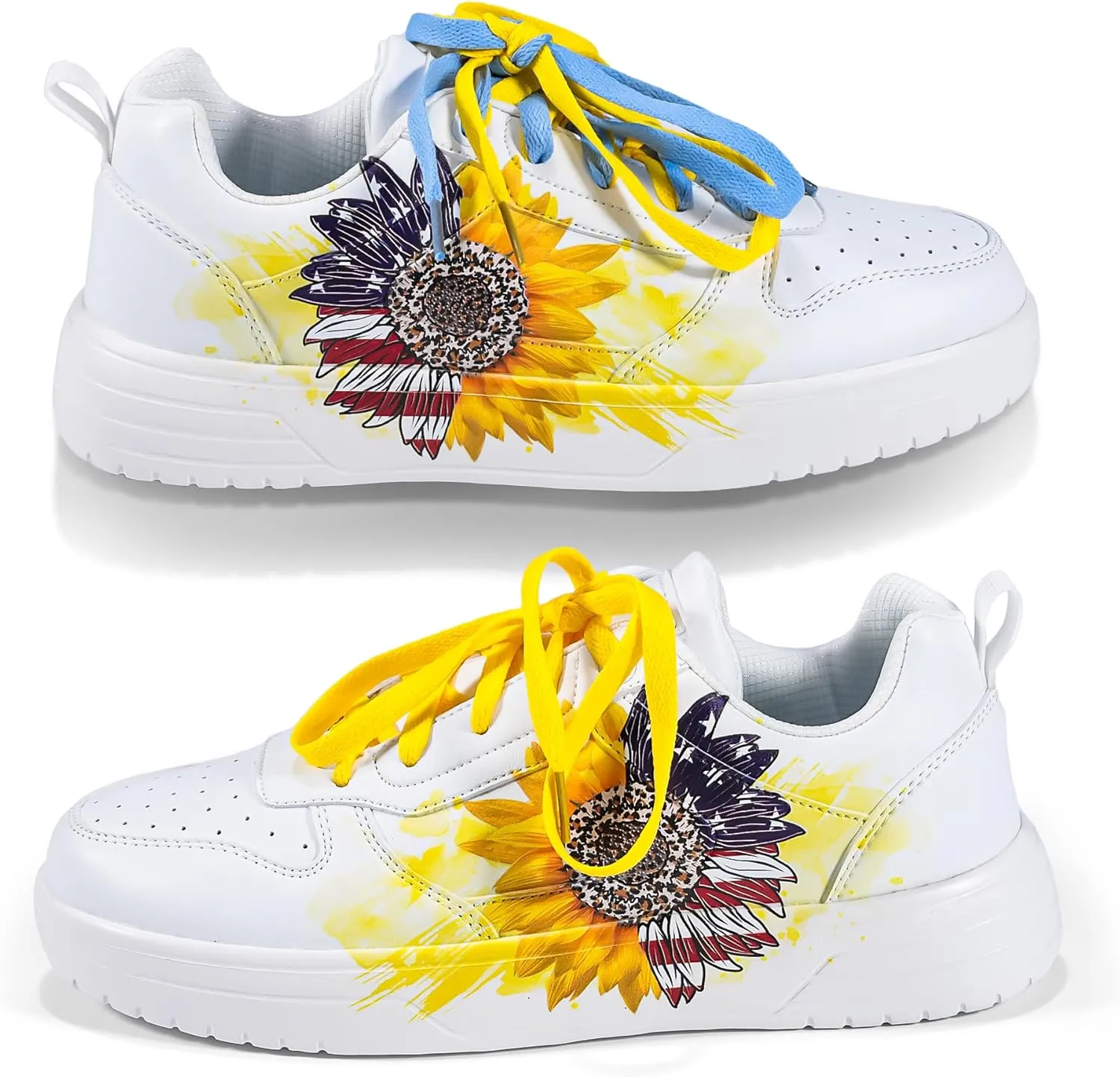 Women's Floral Walking Sneakers - Comfortable Lace-Up White Tennis Shoes with Sunflowers Prints