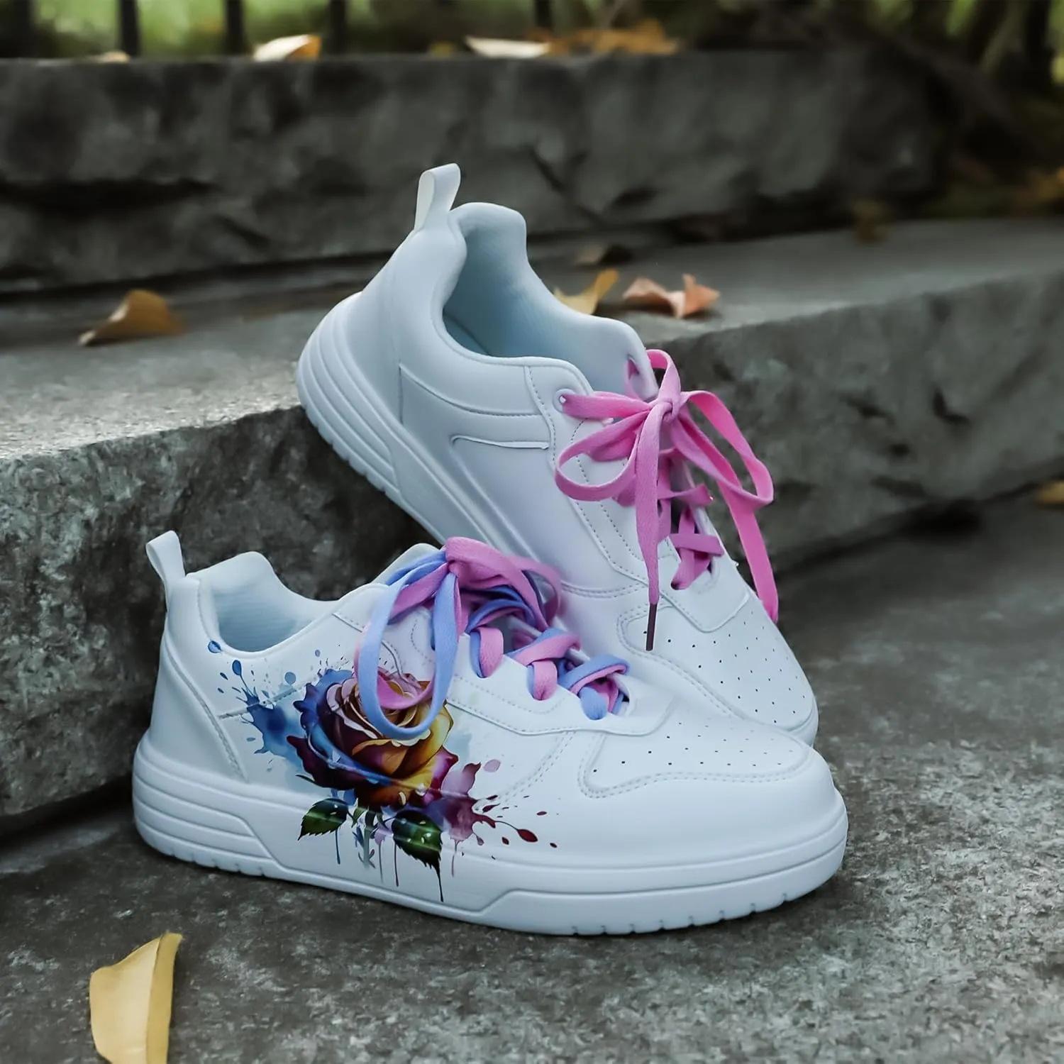 Women's Floral Walking Sneakers - Comfortable Lace-Up White Tennis Shoes with Sunflowers Prints