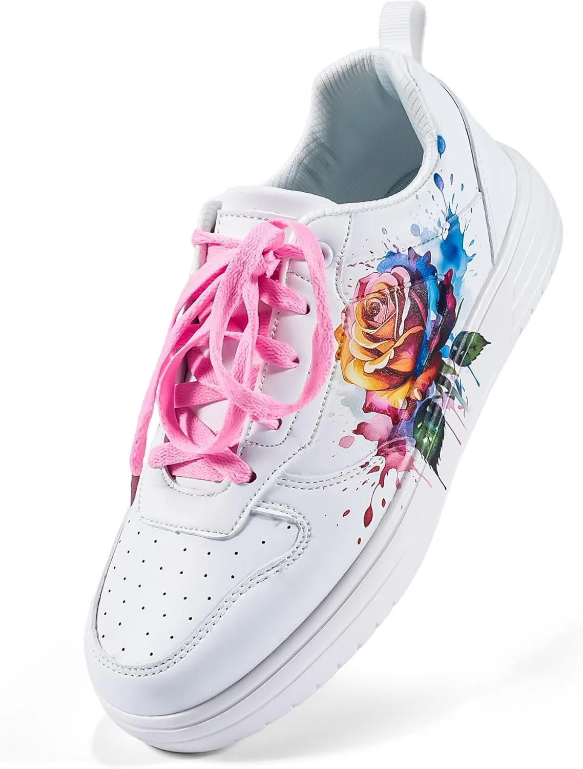 Women's Floral Walking Sneakers - Comfortable Lace-Up White Tennis Shoes with Sunflowers Prints