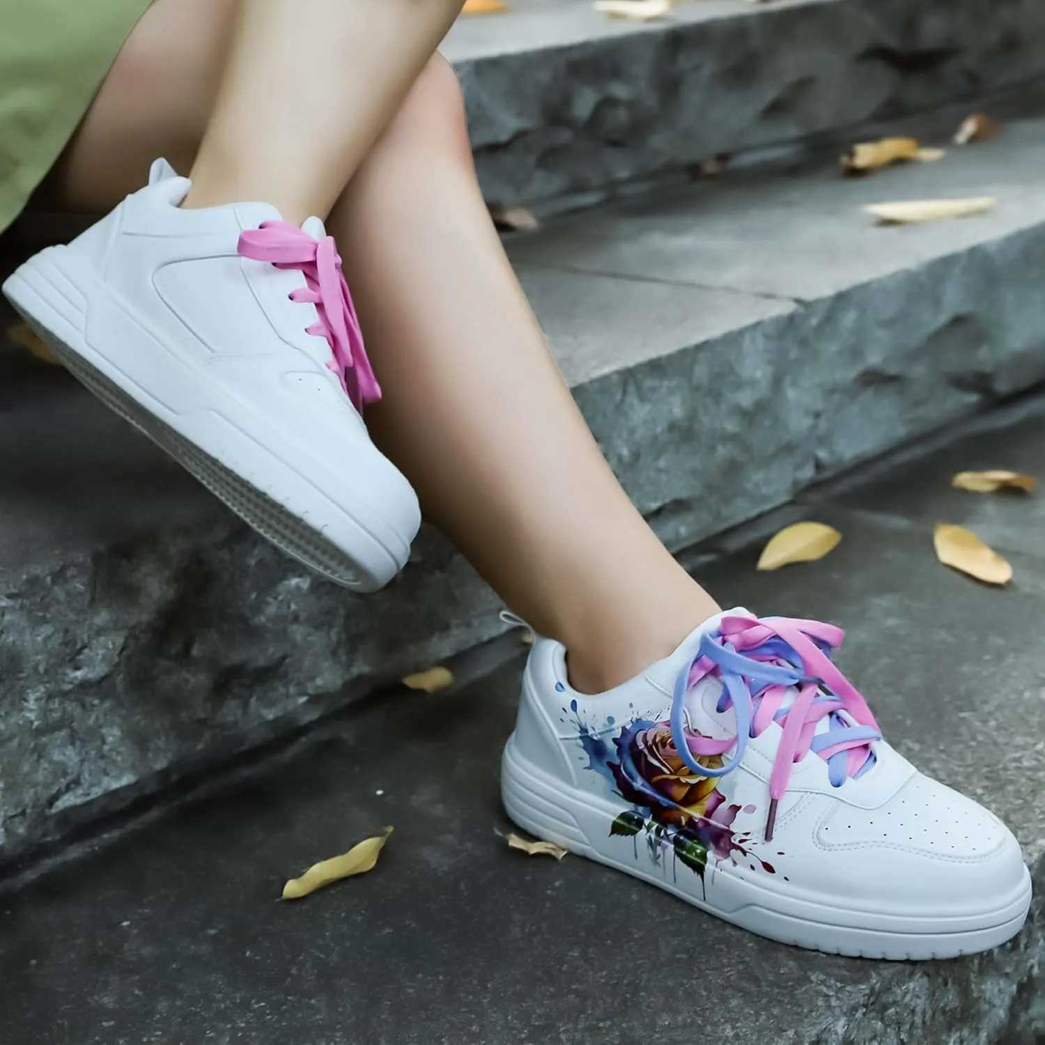 Women's Floral Walking Sneakers - Comfortable Lace-Up White Tennis Shoes with Sunflowers Prints