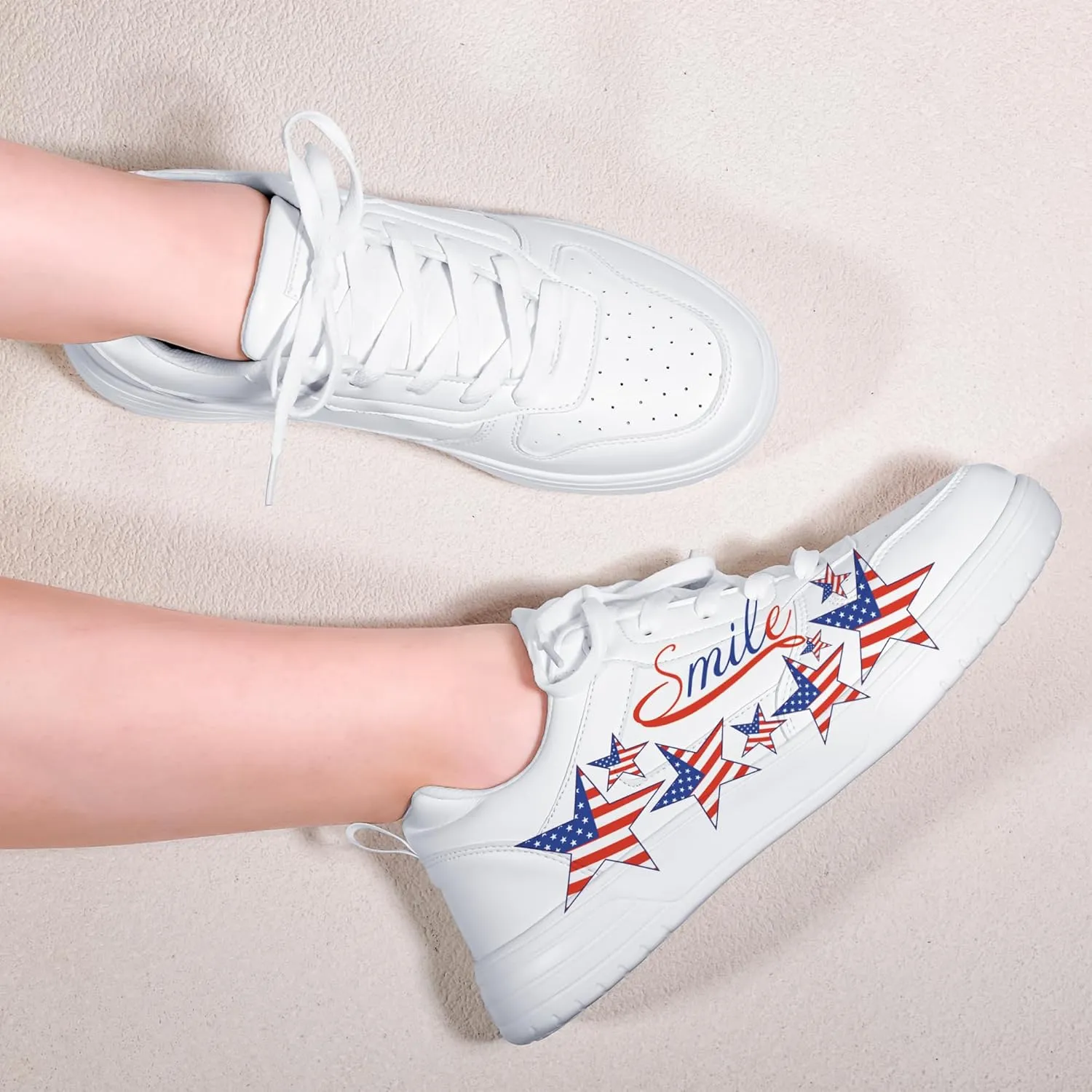 Women's Floral Walking Sneakers - Comfortable Lace-Up White Tennis Shoes with Sunflowers Prints