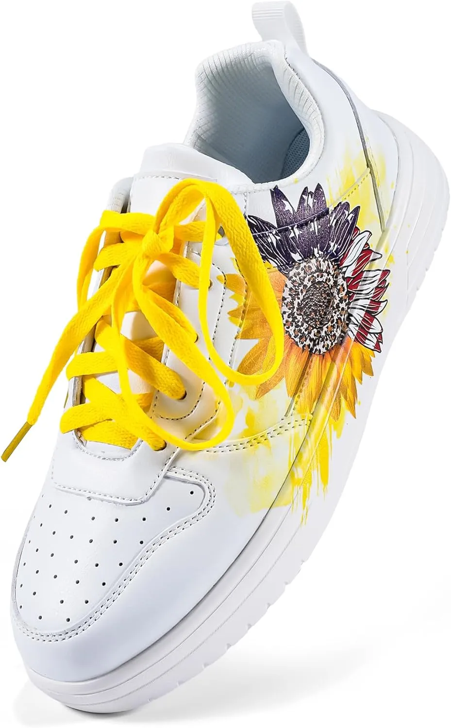 Women's Floral Walking Sneakers - Comfortable Lace-Up White Tennis Shoes with Sunflowers Prints
