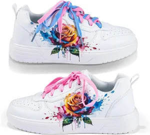Women's Floral Walking Sneakers - Comfortable Lace-Up White Tennis Shoes with Sunflowers Prints