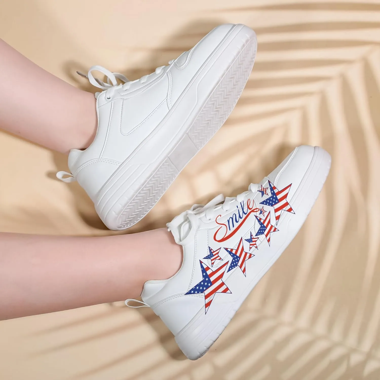 Women's Floral Walking Sneakers - Comfortable Lace-Up White Tennis Shoes with Sunflowers Prints