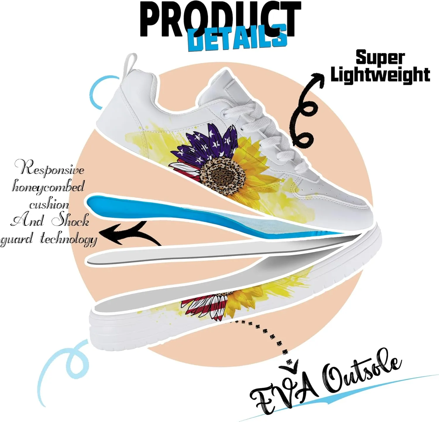 Women's Floral Walking Sneakers - Comfortable Lace-Up White Tennis Shoes with Sunflowers Prints