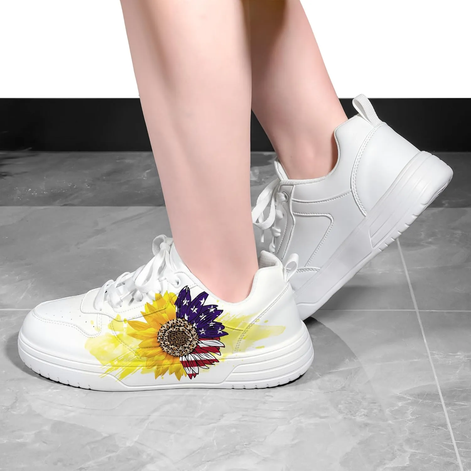 Women's Floral Walking Sneakers - Comfortable Lace-Up White Tennis Shoes with Sunflowers Prints