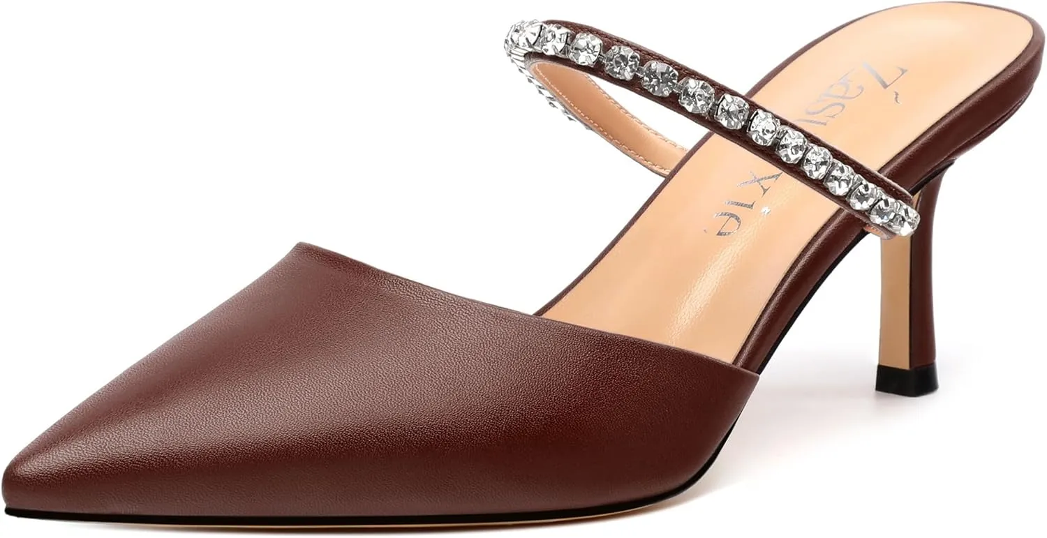 Women's Heeled Mules Rhinestone Strap Pointed Toe Pumps Stiletto Mid Heels Slip On Wedding Party Sandals for Women 2.5 Inch