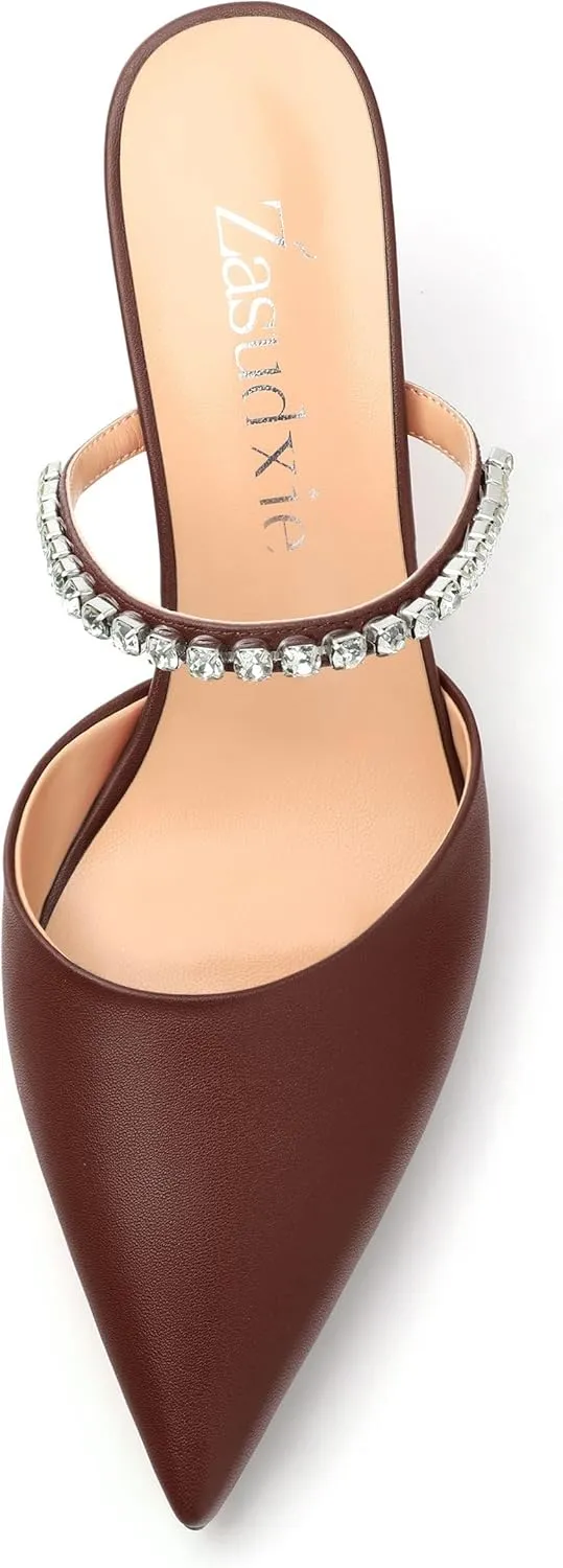 Women's Heeled Mules Rhinestone Strap Pointed Toe Pumps Stiletto Mid Heels Slip On Wedding Party Sandals for Women 2.5 Inch