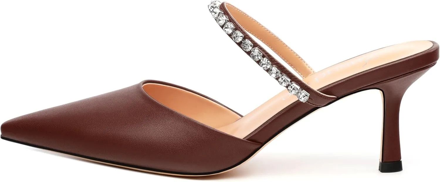Women's Heeled Mules Rhinestone Strap Pointed Toe Pumps Stiletto Mid Heels Slip On Wedding Party Sandals for Women 2.5 Inch