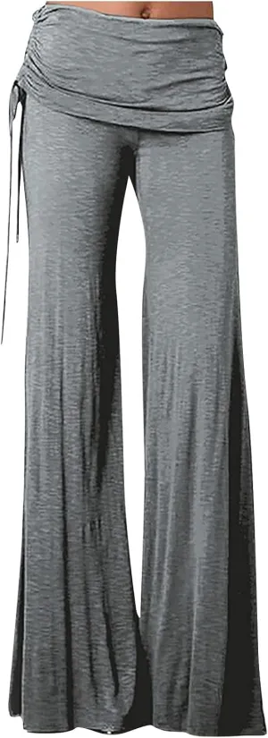 Women's Pleated Wide Leg Palazzo Pants High Waisted Flare Yoga Leggings Summer Casual Trendy Trousers