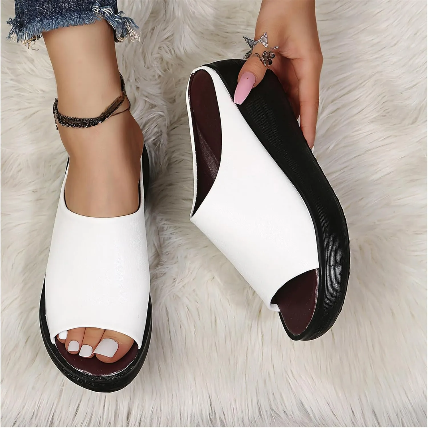 Women's Slip-On Platform Wedge High Heel Sandals Soft Lightweight Casual Open Toe Fish Mouth Summer Beach Walking Slippers