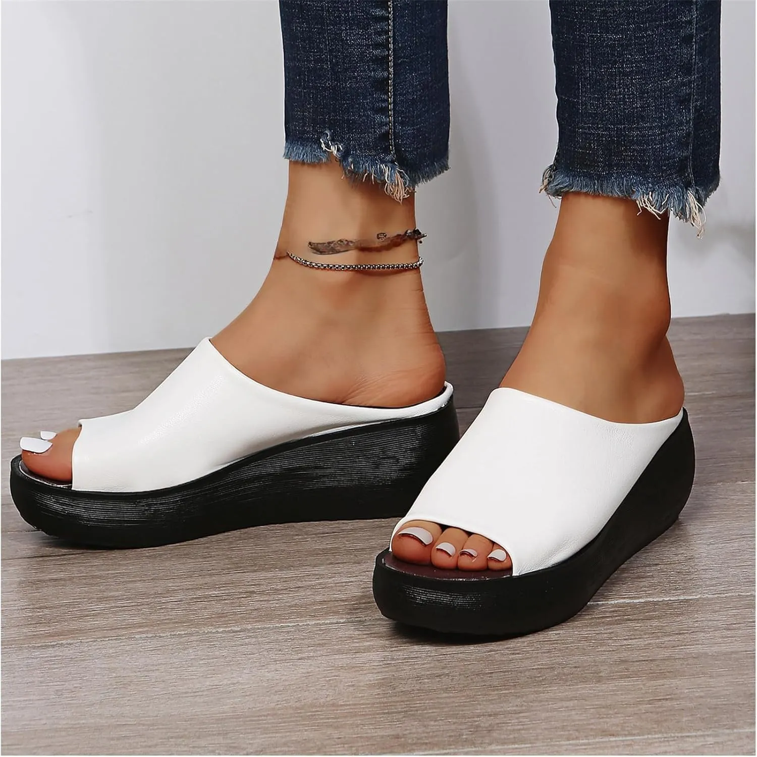 Women's Slip-On Platform Wedge High Heel Sandals Soft Lightweight Casual Open Toe Fish Mouth Summer Beach Walking Slippers
