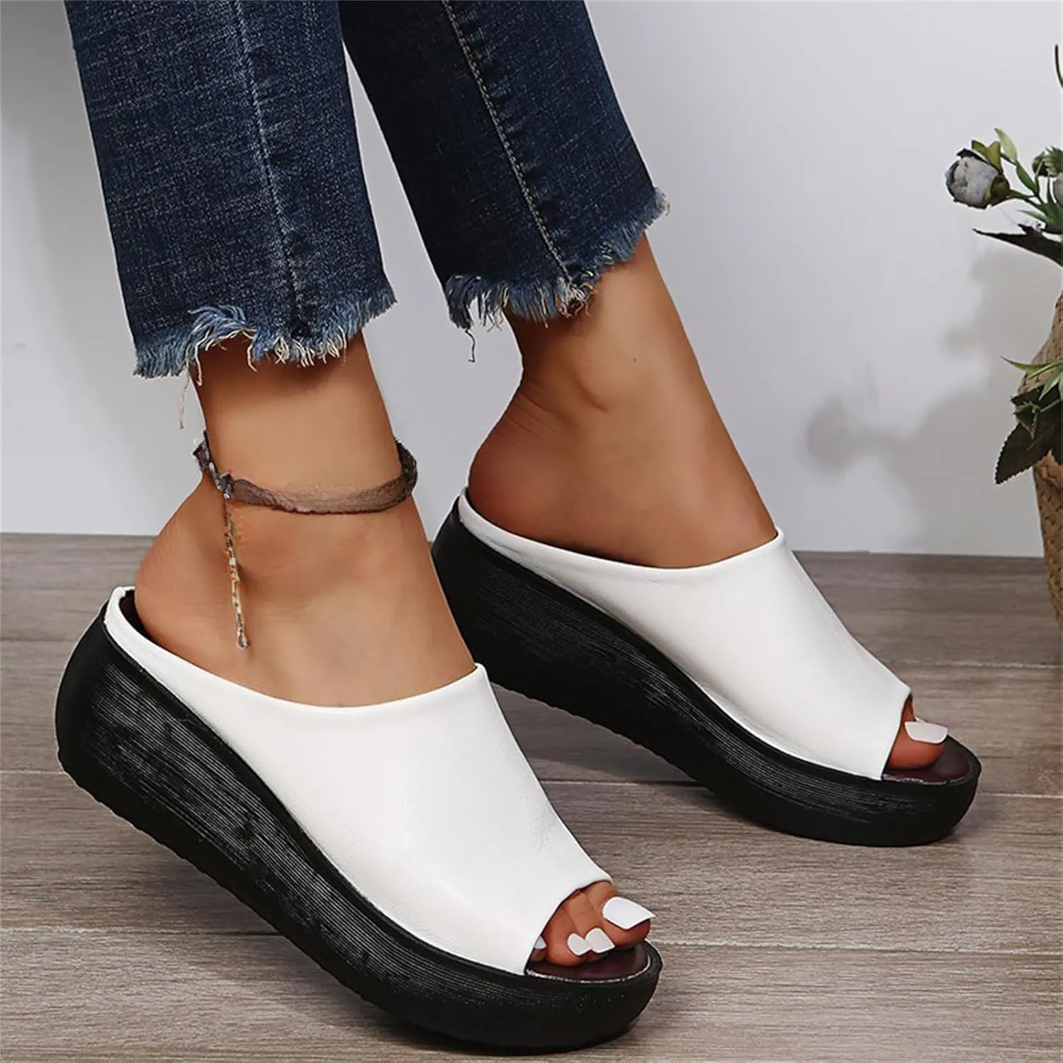 Women's Slip-On Platform Wedge High Heel Sandals Soft Lightweight Casual Open Toe Fish Mouth Summer Beach Walking Slippers