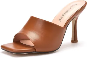 Women's Square Open Toe Heeled Sandals Slippers White Stiletto Heels Sandals Fashion Casual Peep Toe Slippers Slip On Mule Slide Sandal
