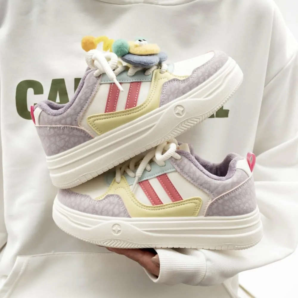 Women's Thick Sole Sneaker Velvet Sneaker Campus Style Sneaker Girls Campus Style Sneakers Thick Sole Fleece Lining Unique Trend Comfortable Warm Youthful Energy