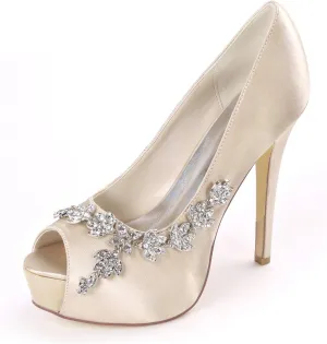 Women's Wedding Shoes for Bride High Heels Peep Toe Bridal Shoes Crystal Party Pumps Sandals