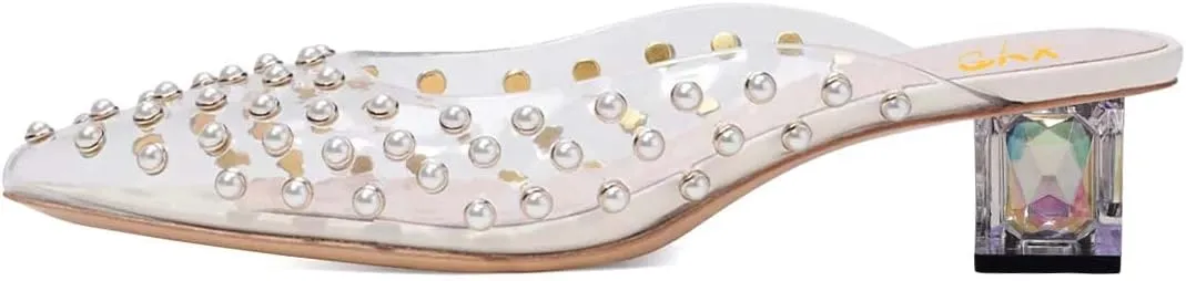 XYD Women Pointed Toe Slide with Pearls Encrusted Crystal Low Heel Slip On Mule Sandals Ladies Wedding Party Dinner Comfort Shoes