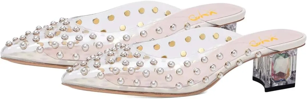 XYD Women Pointed Toe Slide with Pearls Encrusted Crystal Low Heel Slip On Mule Sandals Ladies Wedding Party Dinner Comfort Shoes