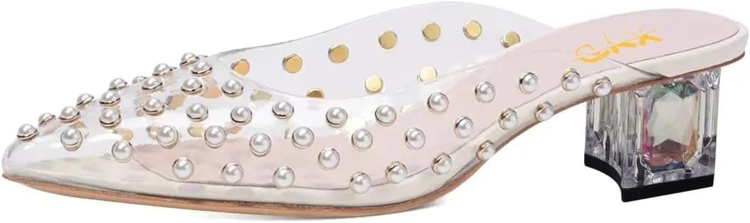 XYD Women Pointed Toe Slide with Pearls Encrusted Crystal Low Heel Slip On Mule Sandals Ladies Wedding Party Dinner Comfort Shoes