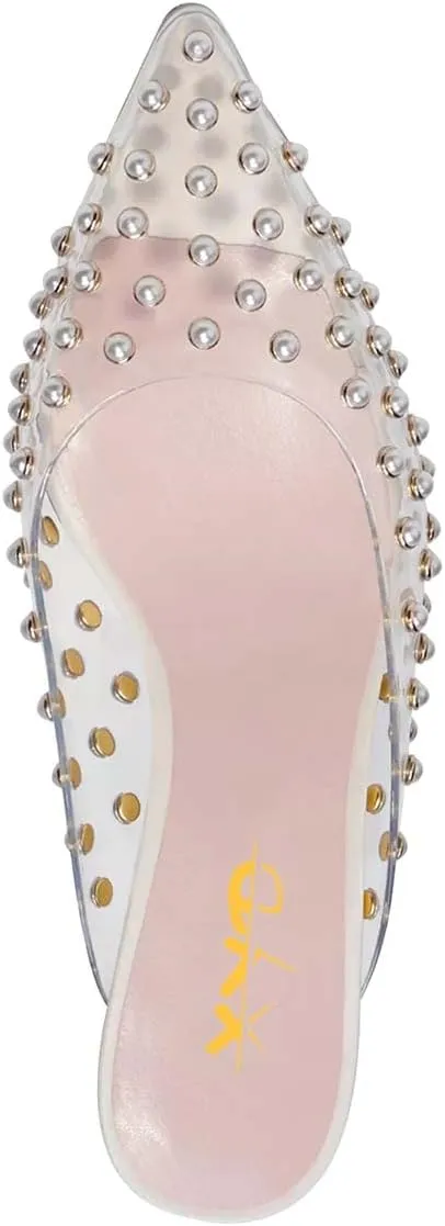 XYD Women Pointed Toe Slide with Pearls Encrusted Crystal Low Heel Slip On Mule Sandals Ladies Wedding Party Dinner Comfort Shoes