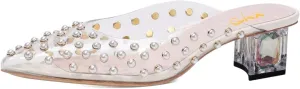XYD Women Pointed Toe Slide with Pearls Encrusted Crystal Low Heel Slip On Mule Sandals Ladies Wedding Party Dinner Comfort Shoes