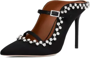 XYD Women's Satin Heeled Mules Stylish Pointed Toe Dual Straps Crystal Rhinestones Slip On Bridal Party Evening Sandals Shoes