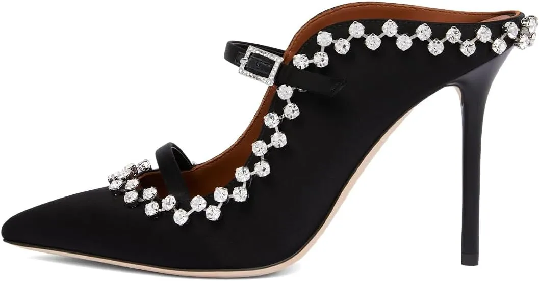 XYD Women's Satin Heeled Mules Stylish Pointed Toe Dual Straps Crystal Rhinestones Slip On Bridal Party Evening Sandals Shoes