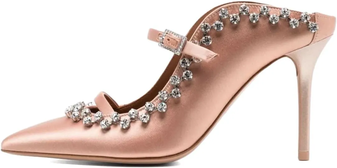 XYD Women's Satin Heeled Mules Stylish Pointed Toe Dual Straps Crystal Rhinestones Slip On Bridal Party Evening Sandals Shoes