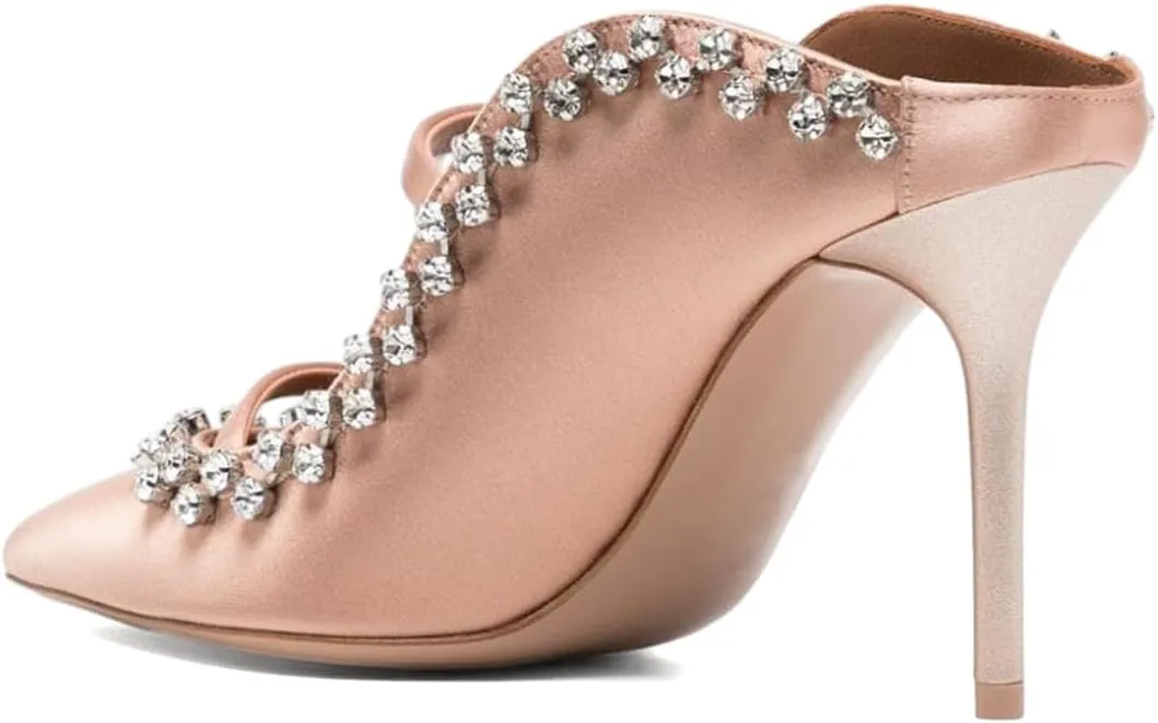 XYD Women's Satin Heeled Mules Stylish Pointed Toe Dual Straps Crystal Rhinestones Slip On Bridal Party Evening Sandals Shoes