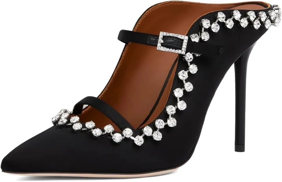 XYD Women's Satin Heeled Mules Stylish Pointed Toe Dual Straps Crystal Rhinestones Slip On Bridal Party Evening Sandals Shoes