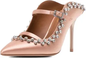 XYD Women's Satin Heeled Mules Stylish Pointed Toe Dual Straps Crystal Rhinestones Slip On Bridal Party Evening Sandals Shoes