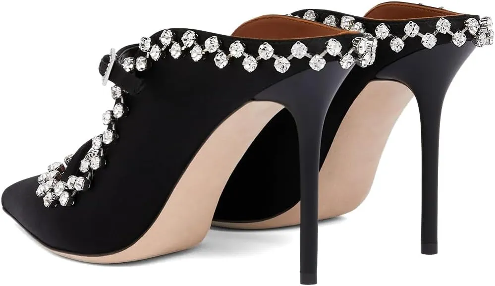 XYD Women's Satin Heeled Mules Stylish Pointed Toe Dual Straps Crystal Rhinestones Slip On Bridal Party Evening Sandals Shoes