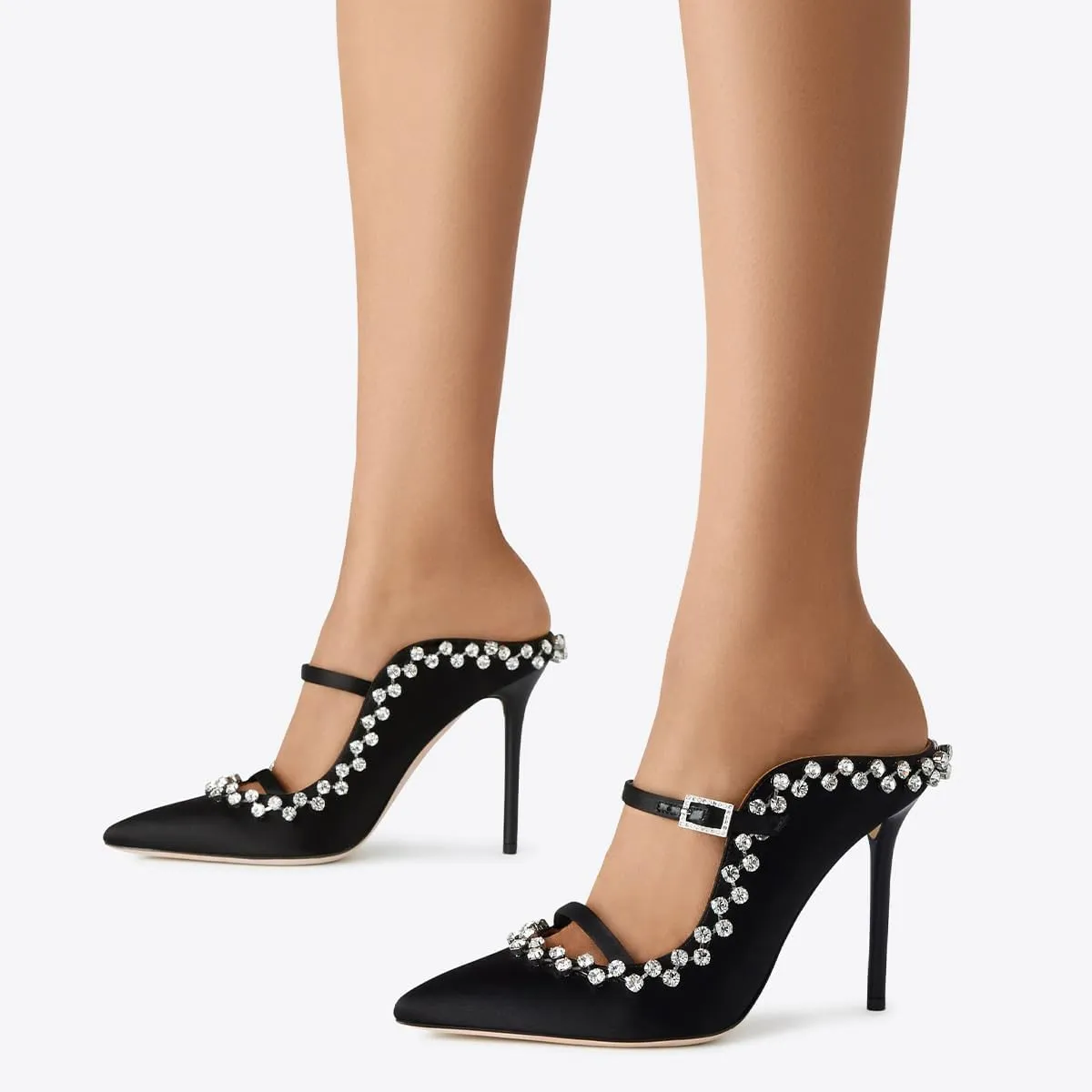 XYD Women's Satin Heeled Mules Stylish Pointed Toe Dual Straps Crystal Rhinestones Slip On Bridal Party Evening Sandals Shoes